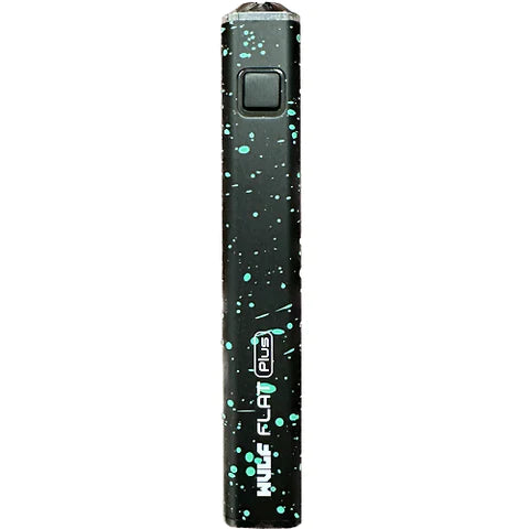 Front view of the Wulf Flat Plus cartridge vaporizer battery in black green spatter. This compact 510-threaded vape battery is equipped with a powerful 900mAh capacity cell designed to sustain heavy daily use.
