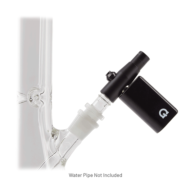in use view of the G pen connect in black. An attachment to turn any glass water pipe into a high performance dabbing rig. with variable voltage and spring loaded carb release for safety.