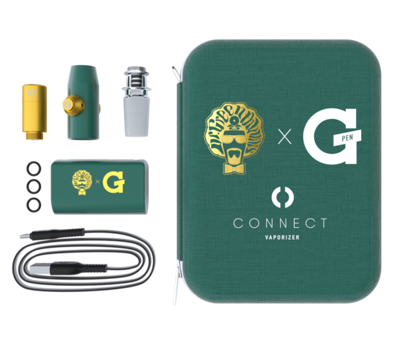top view of the green and gold G pen Connect Dr. Green Thumb collaboration and all its components with storage case. A novel product with spring loaded carb release button for instant airflow management.