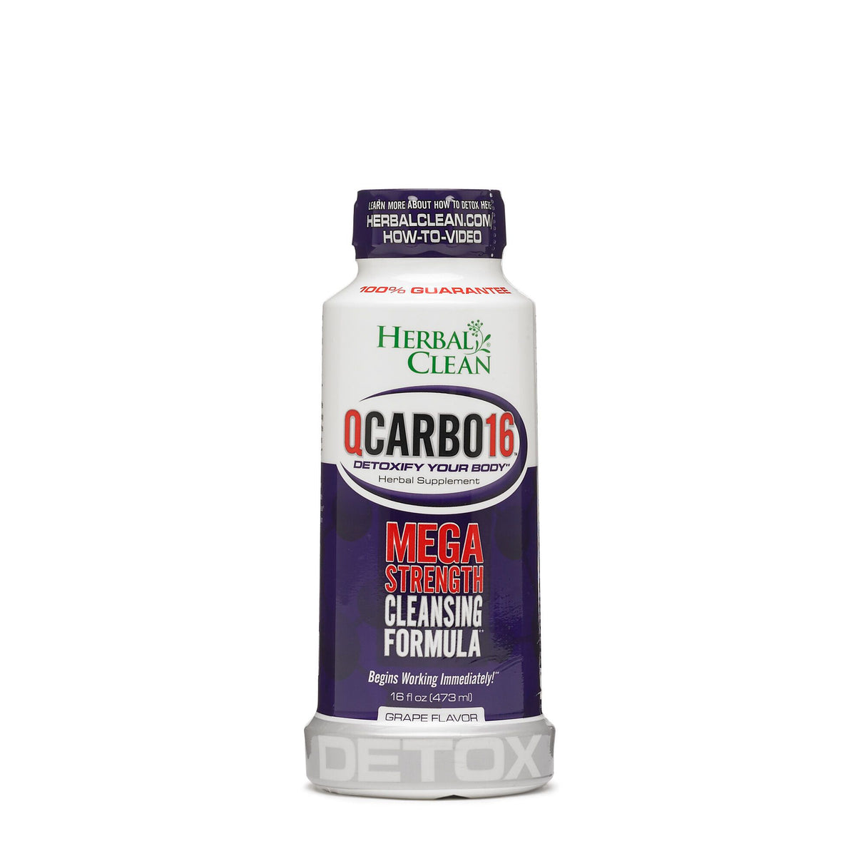 front view of the herbal clean QCarbo16 grape flavored detox. A high strength detox drink for removing body toxins quickly.