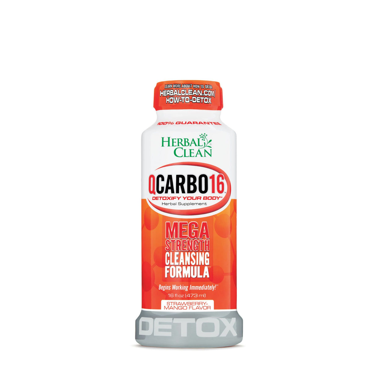 front view of the herbal clean QCarbo16 strawberry mango flavored detox. A high strength detox drink for removing body toxins quickly.