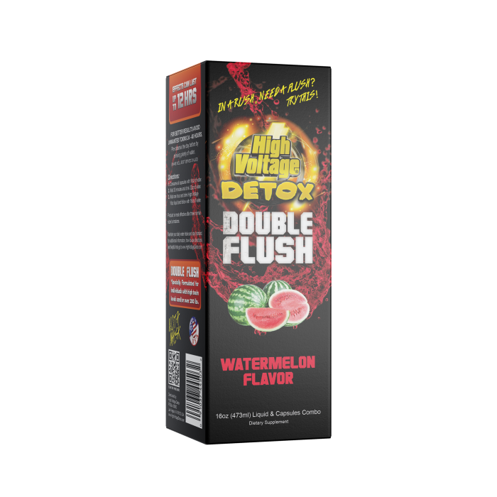 Front view of the HighVoltage Detox double flush in Watermelon. a premium detox formula made with a two part system with a proprietary blend. It gives fact acting results in a few hours.