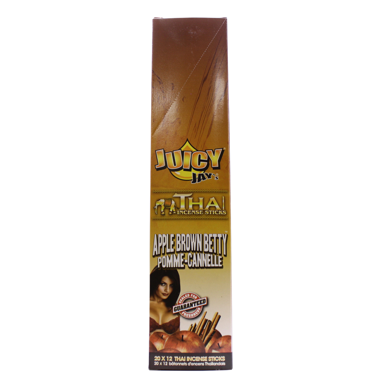 front view of the Juicy Jays apple brown betty incense sticks, made with genuine Thai techniques and with generous stick count.