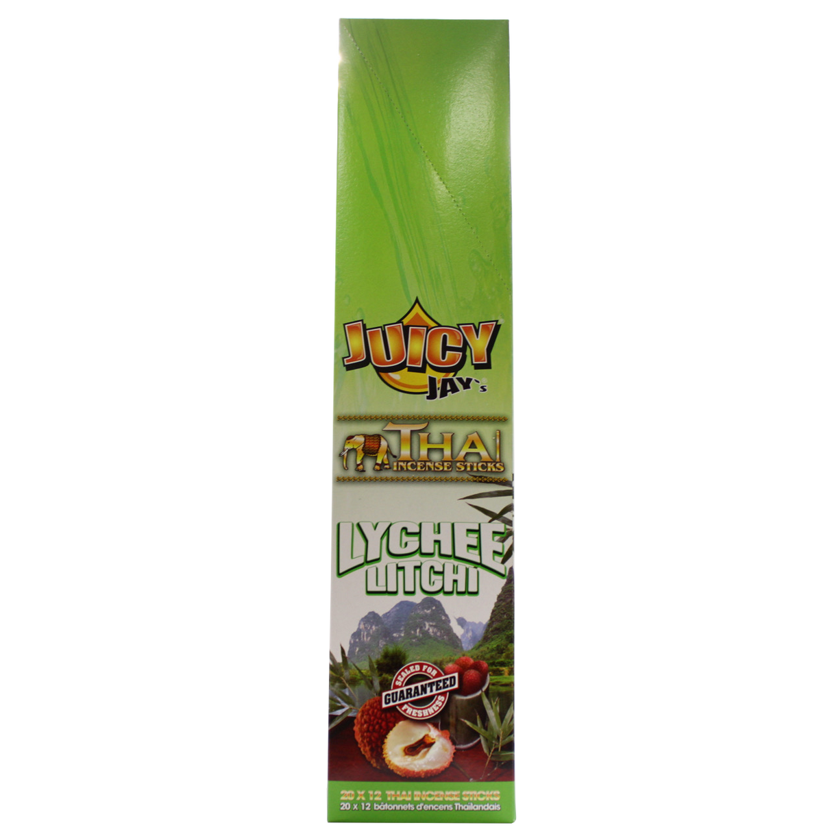 front view of the Juicy Jays lychee incense sticks, made with genuine Thai techniques and with generous stick count.