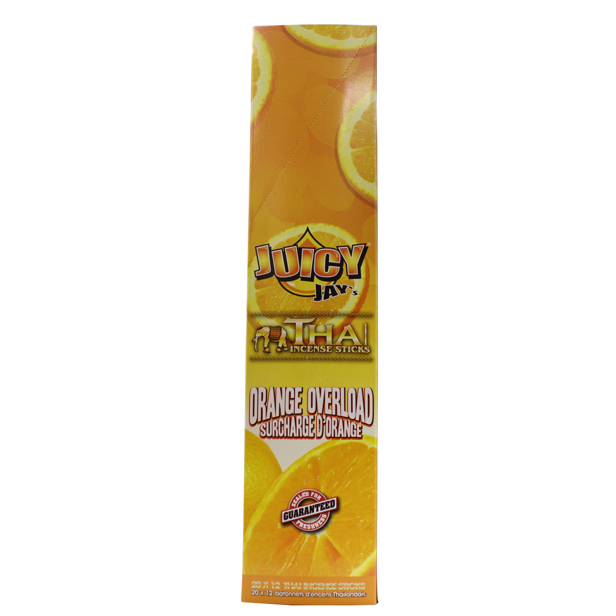front view of the Juicy Jays orange overload incense sticks, made with genuine Thai techniques and with generous stick count.