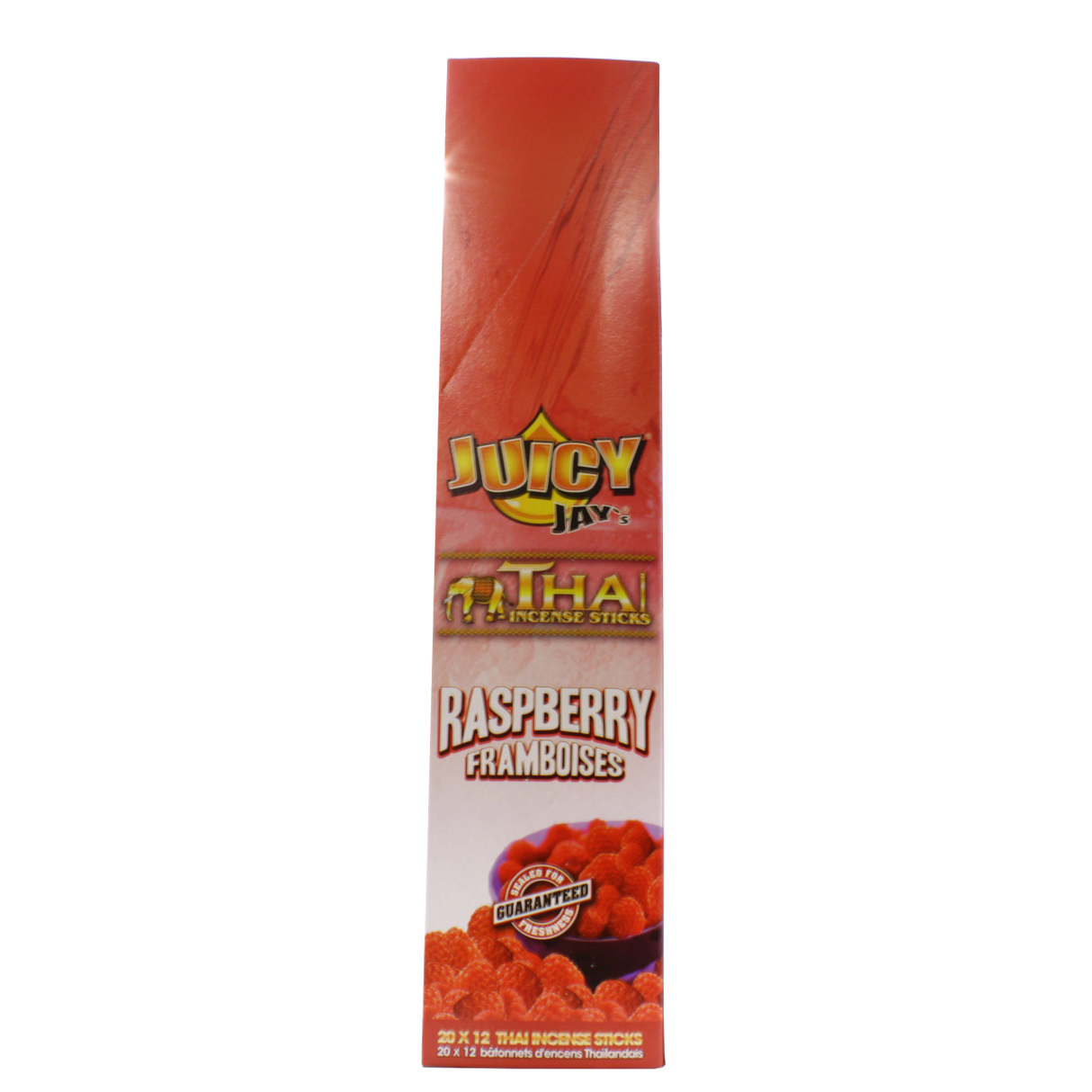 front view of the Juicy Jays raspberry incense sticks, made with genuine Thai techniques and with generous stick count.