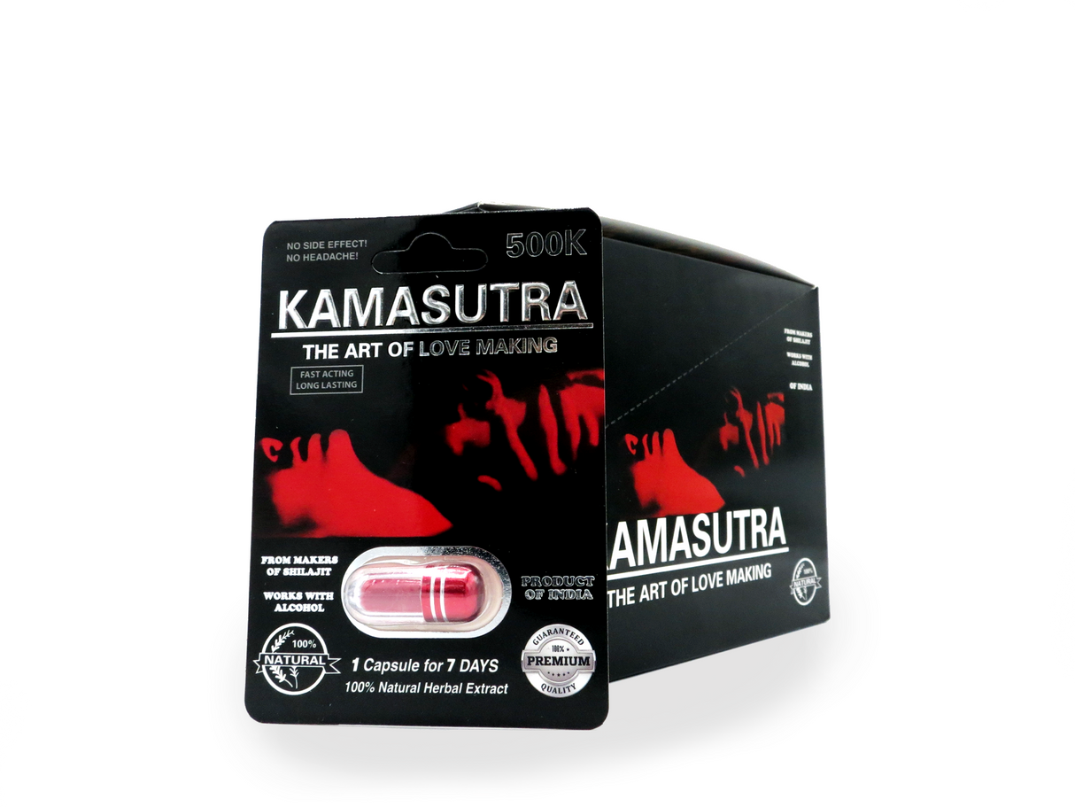 front view of the Kamasutra 500K single capsule package. A potent male supplement product for sexual enhancement.