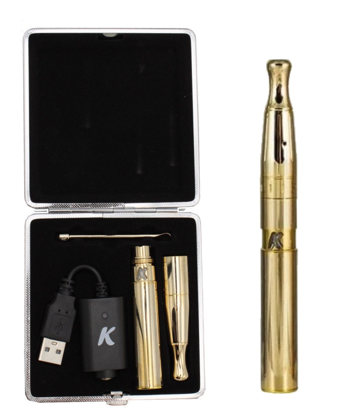 front view of the KandyPens Galaxy wax vape pen in gold and the contents of the storage case. A high quality and sleek product with a elevated airflow system.