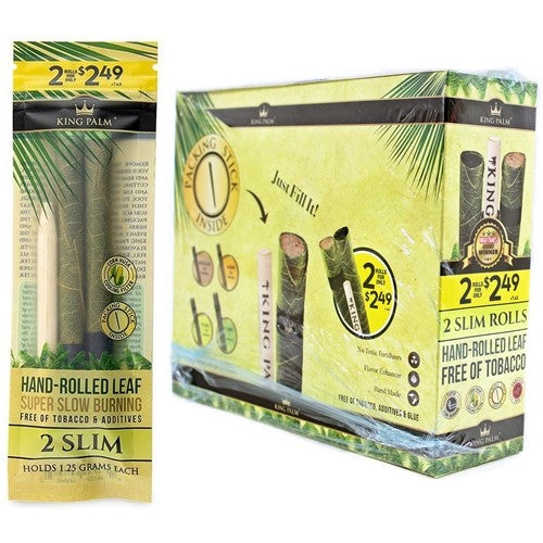 Front view of King Palm slim size rolls 2 pack and display box. An all natural and tobacco less option for smokers.