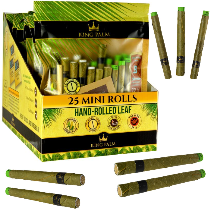 front view of the King Palm Mini leaf rolls display box. A premium option for those who prefer a tobacco free smoking experience.