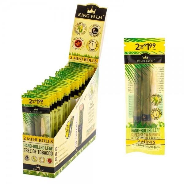 front view of the King Palm Mini rolls display box and package. A natural and organic leaf roll for slow burning.