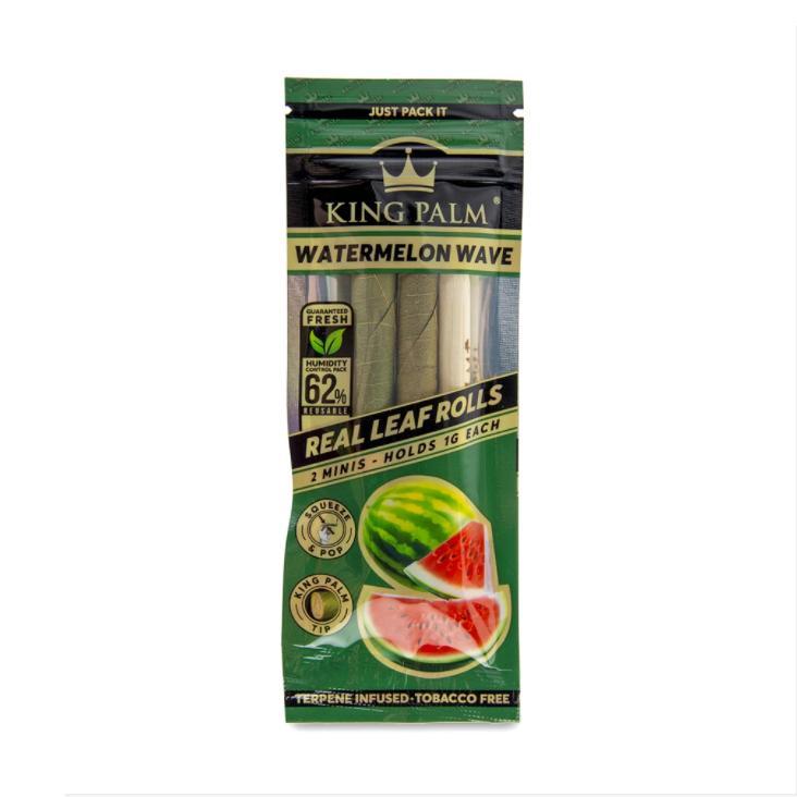 front view of the 2 mini pack of King Palm Watermelon Wave. Natural leaves with their special instant flavor technology.