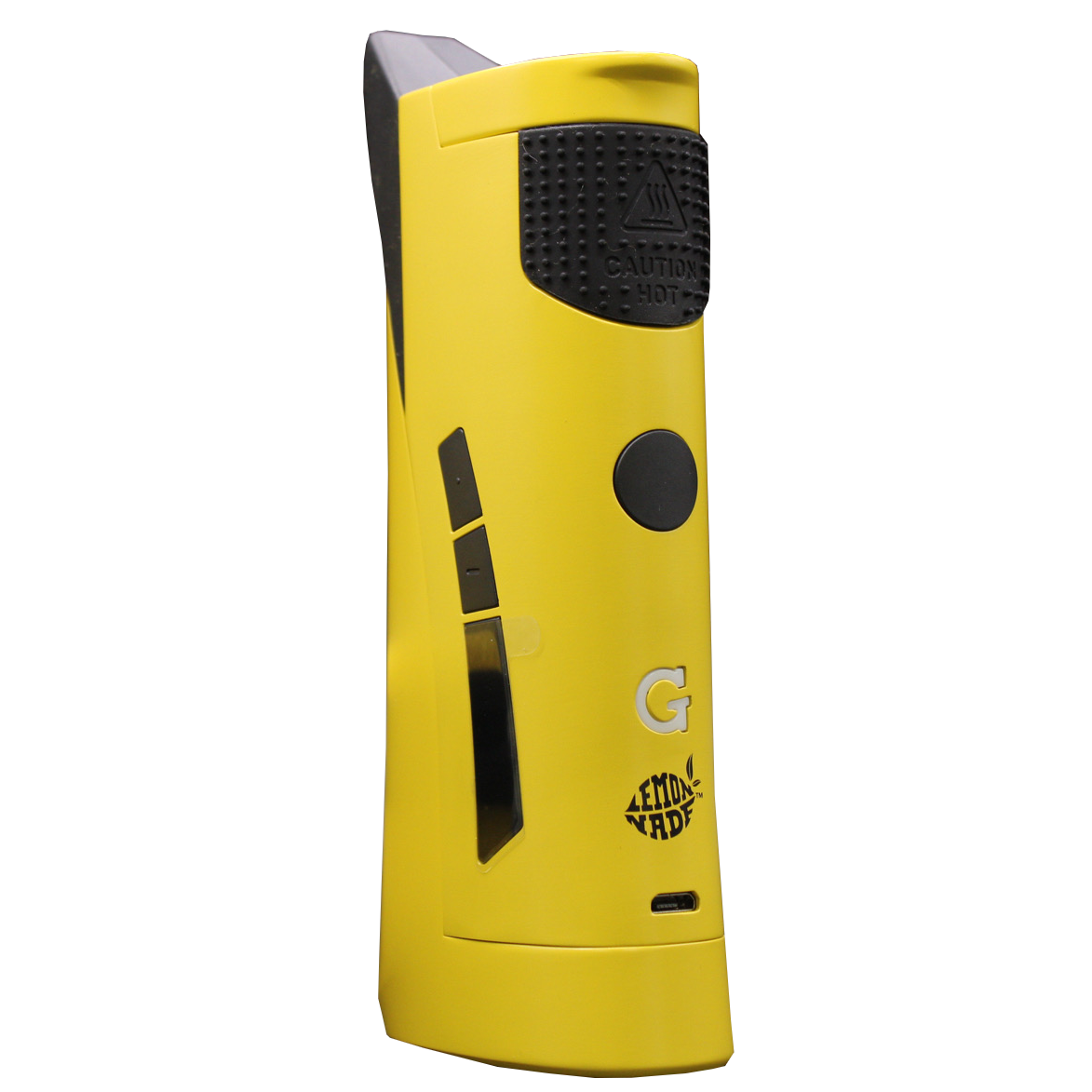 front view of the G pen roam vaporizer. Made with desktop concentrate vape performance in a portable form for ease of use and in a yellow color scheme collaboration with lemonnade.