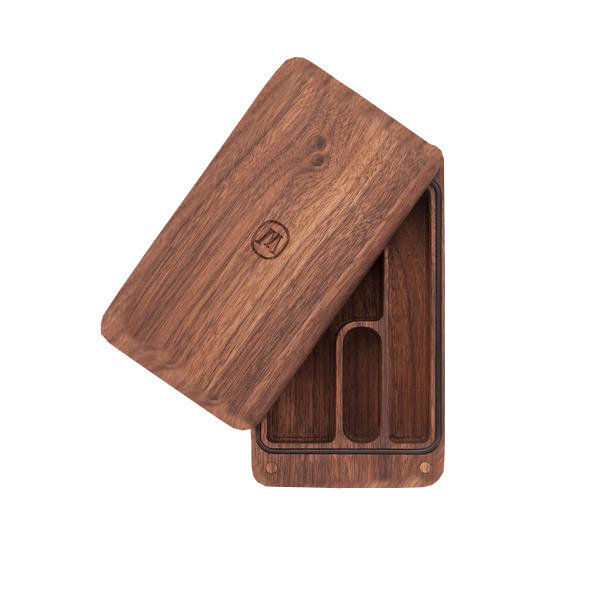 top view of the marley natural black walnut stash case. made of a dense and durable walnut wood for those wanting a more classy and organic style.