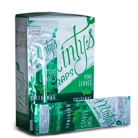 front view of the Minty's box, a novel product using fresh and unique mint leaved for a wrap.
