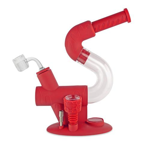side profile of the Ooze swerve 4 in 1 in red. A high quality Ooze product for dry herb, concentrates and pen oils all able to be used with the provided components.
