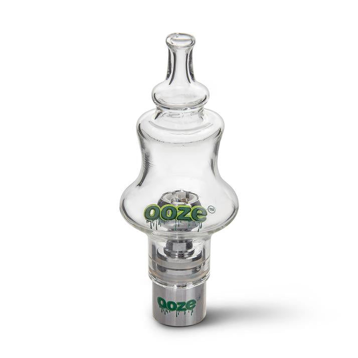 close up of the ooze globe glass atomizer in a genie style. A powerful attachment for standard 510 batteries to improve their wax vaping experience.