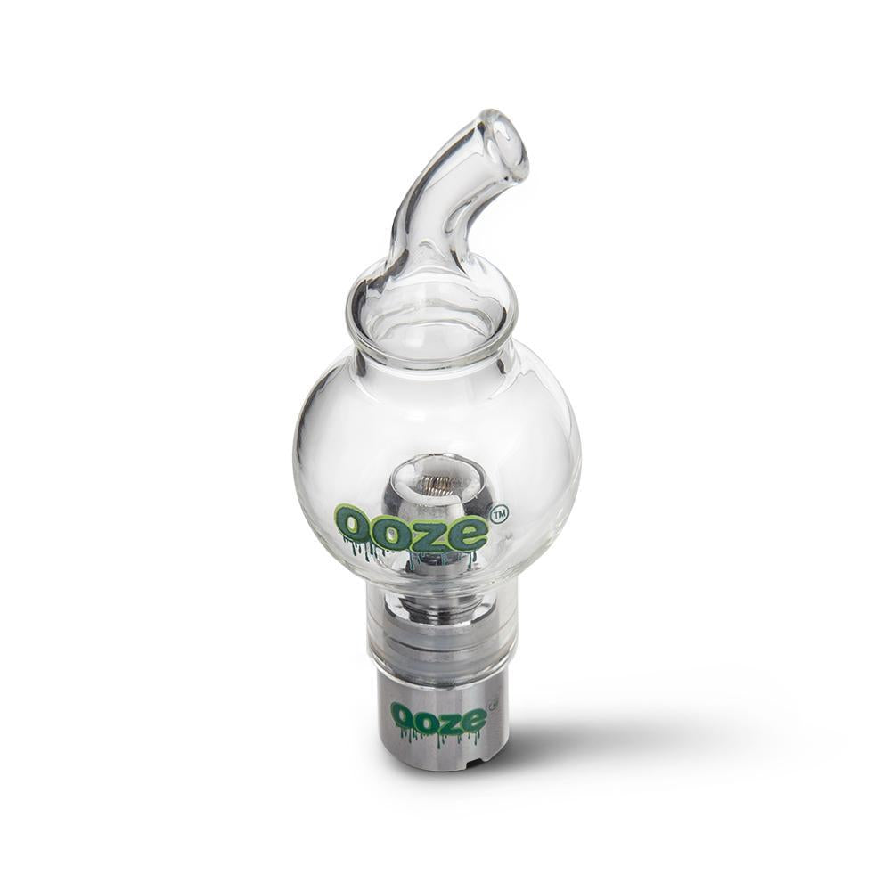 close up view of the ooze swoop style glass globe atomizer. Made of premium glass for vaping wax concentrates.