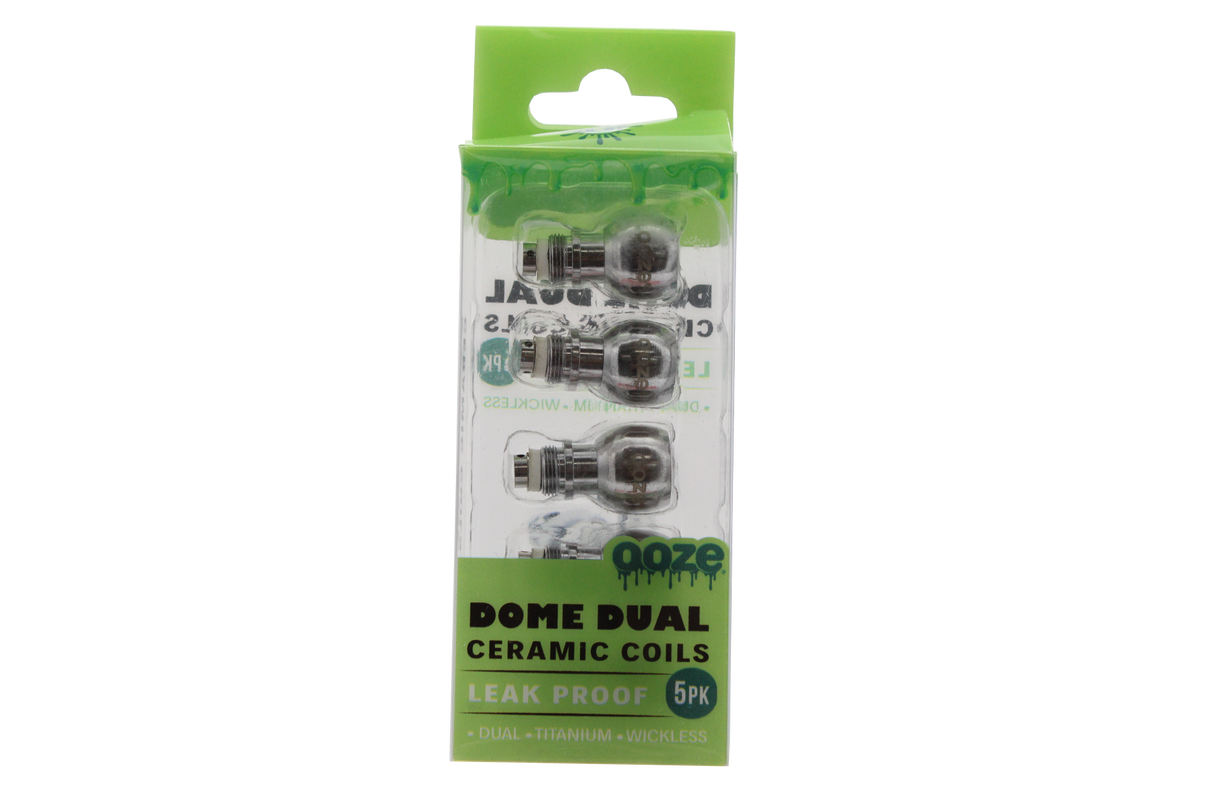 front view of the ooze dome dual ceramic coils. made from leak proof construction and durable titanium construction for revitalizing performance back to original standard.
