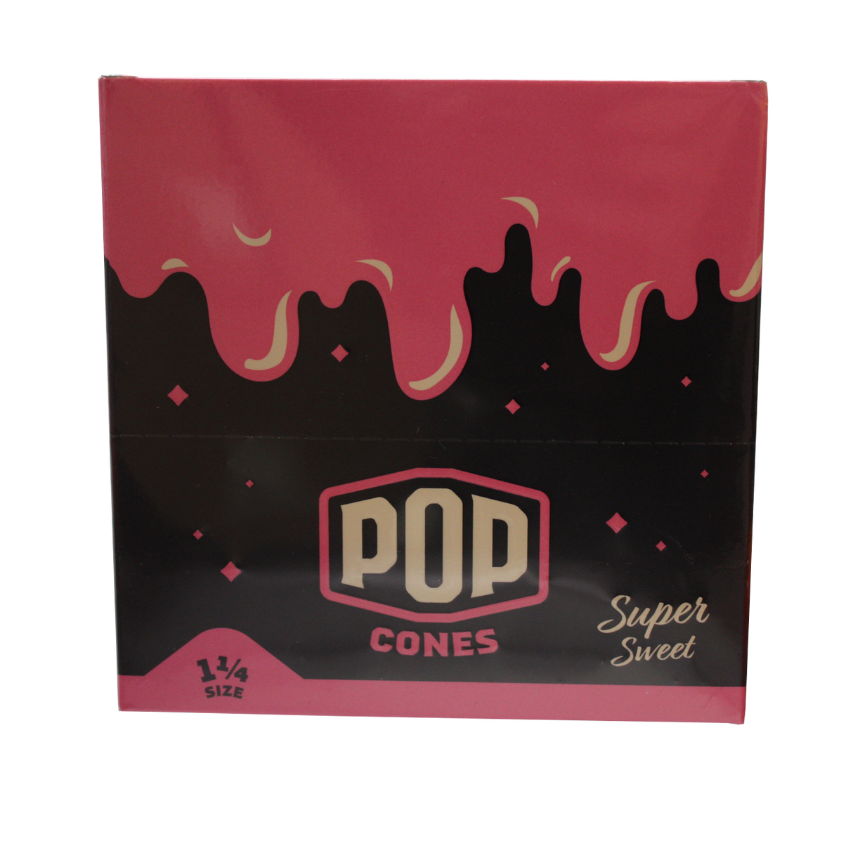 front view of the Pop brand squeeze and pop flavored cones 1 1/4 size super sweet display box