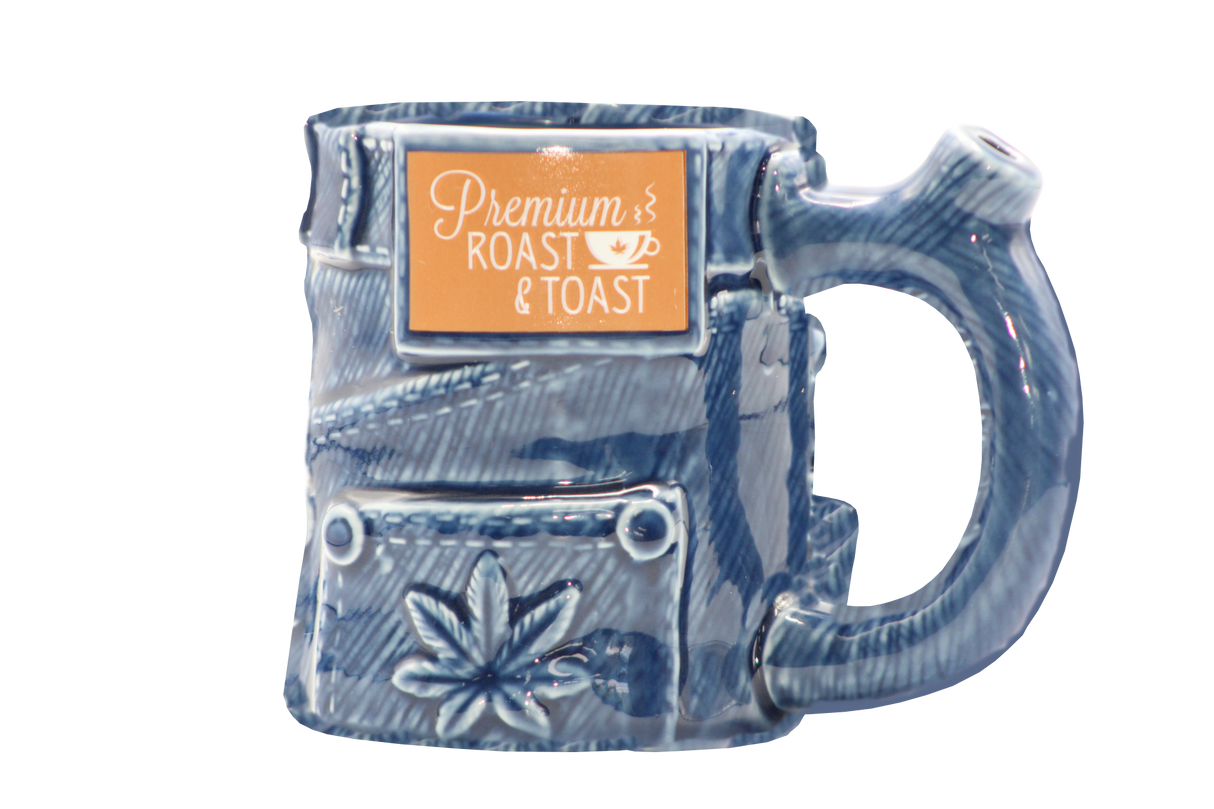 side view of the jean pants ceramic mug. made with a dual purpose smoking pipe along with the mug.
