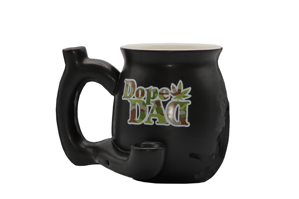 side view of the dope dad ceramic mug. made with a dual purpose smoking pipe along with the mug. as a perfect gift for your dad.