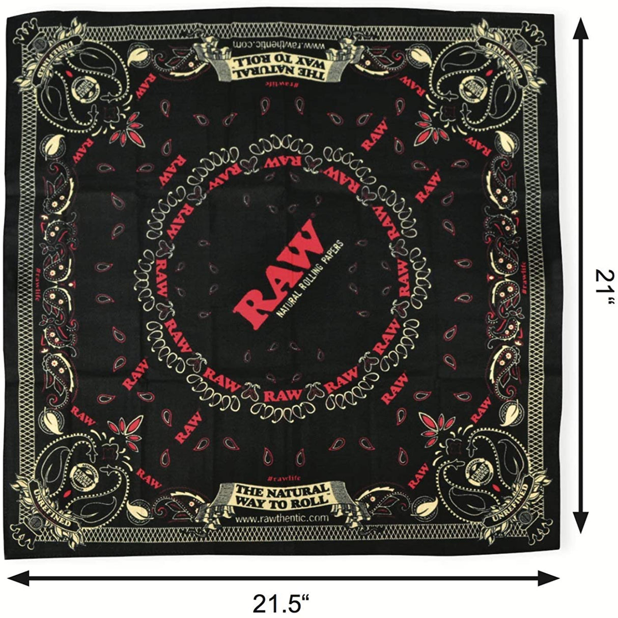 Spread of the RAW black bandana. A detailed official lifestyle accessory from RAW.