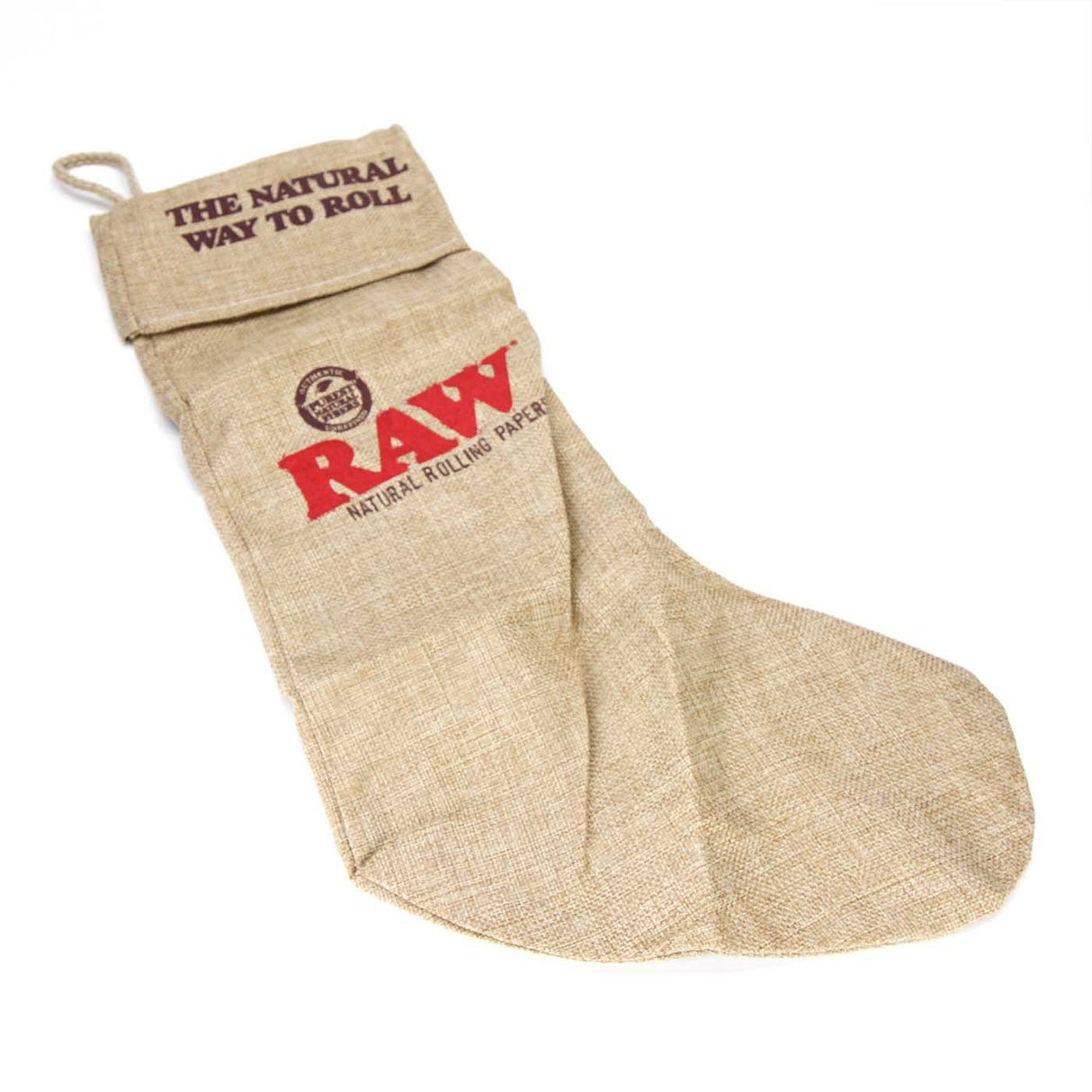 Full profile view of the RAW canvas holiday stocking. made of unbleached and natural canvas perfect for the smokmas spirit.