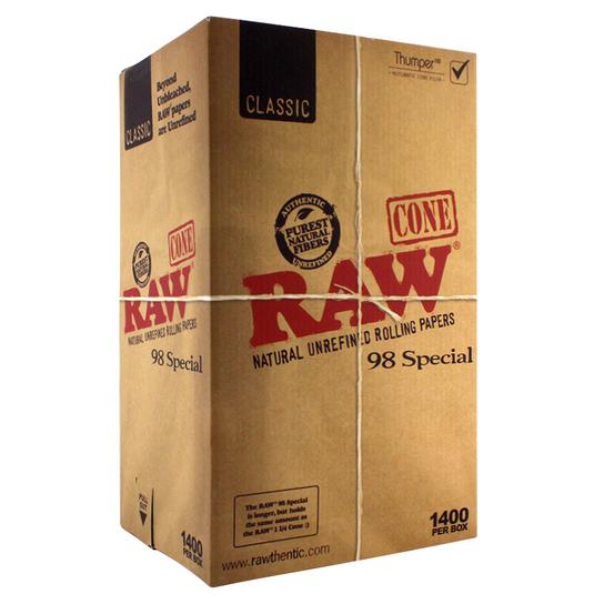 front view of RAW Classic 98 Special Cones 1400ct box, large count box of the premium RAW brand.