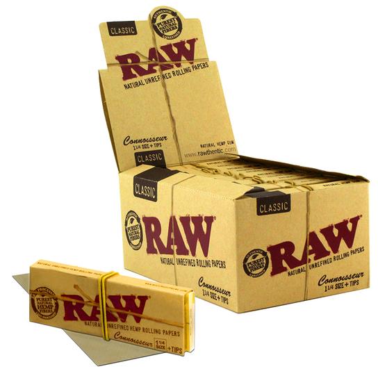 front view of RAW classic connoisseur 1 and 1/4 rolling papers box and a pack. A gold standard product from RAW