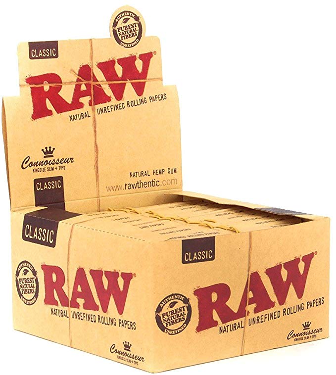 front view of RAW classic connoisseur kins size slim rolling papers. A fast moving item in the RAW product line.