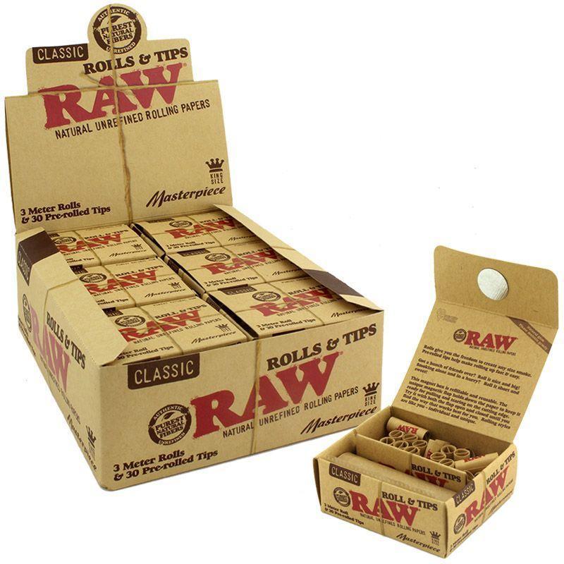 front view of the RAW Masterpiece 3m Rolls & Pre-Rolled Tips display box and inside a pack. A handy way to always have natural and well made rolling paper.