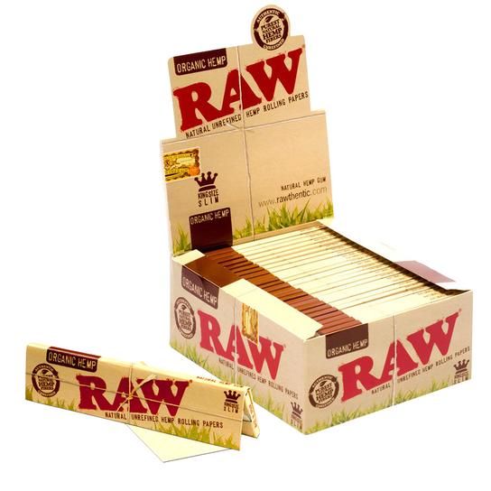 front view of RAW Organic Hemp King Size Slim Rolling Papers box. A natural and premium smoking product from RAW