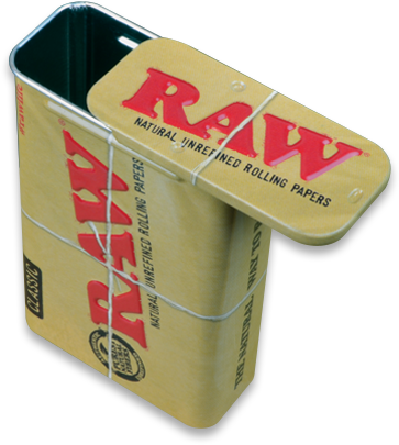 angled view of a RAW slide top storage tin. A rugged container to store all your smoking essentials.