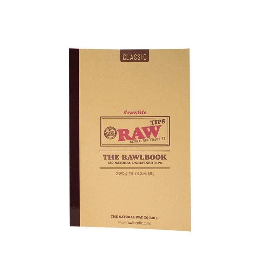 front view of the Rawlbook in dark brown and light tan. A small book containing perforated strips for rolling tips.