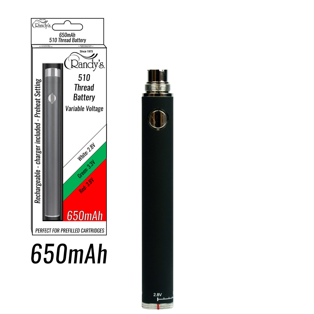 Front view of Randy's 650mAh Twist Slim Pen Battery. A reliable product from the Randy's brand.