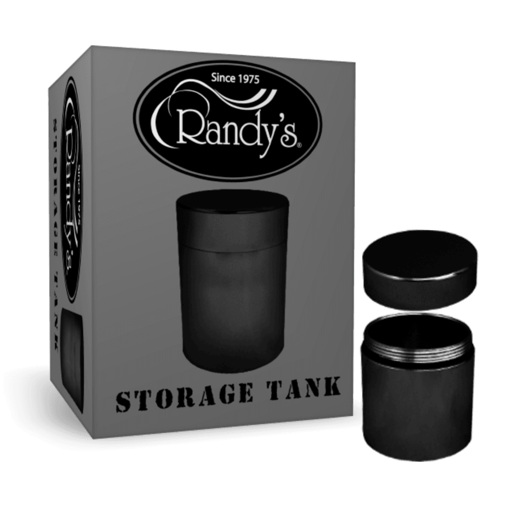 Randy's 45mm black aluminum storage tank packaging with the product displayed alongside the box. The product is in a sleek black finish.