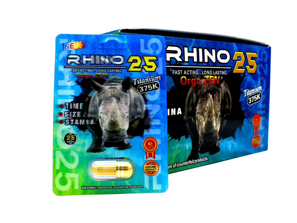 front view of the Rhino 25 Orga Zen Titanium 375K single capsule packet. An improved formula male stamina supplement.
