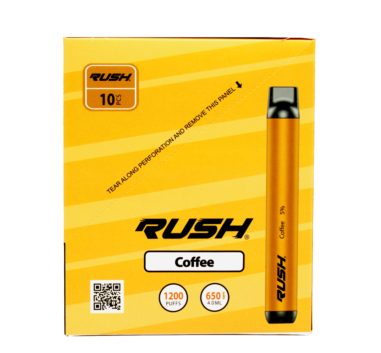 front view of the Rush tobacco free nicotine coffee disposable vaporizers. Ergonomic disposable vaporizers that are long lasting.