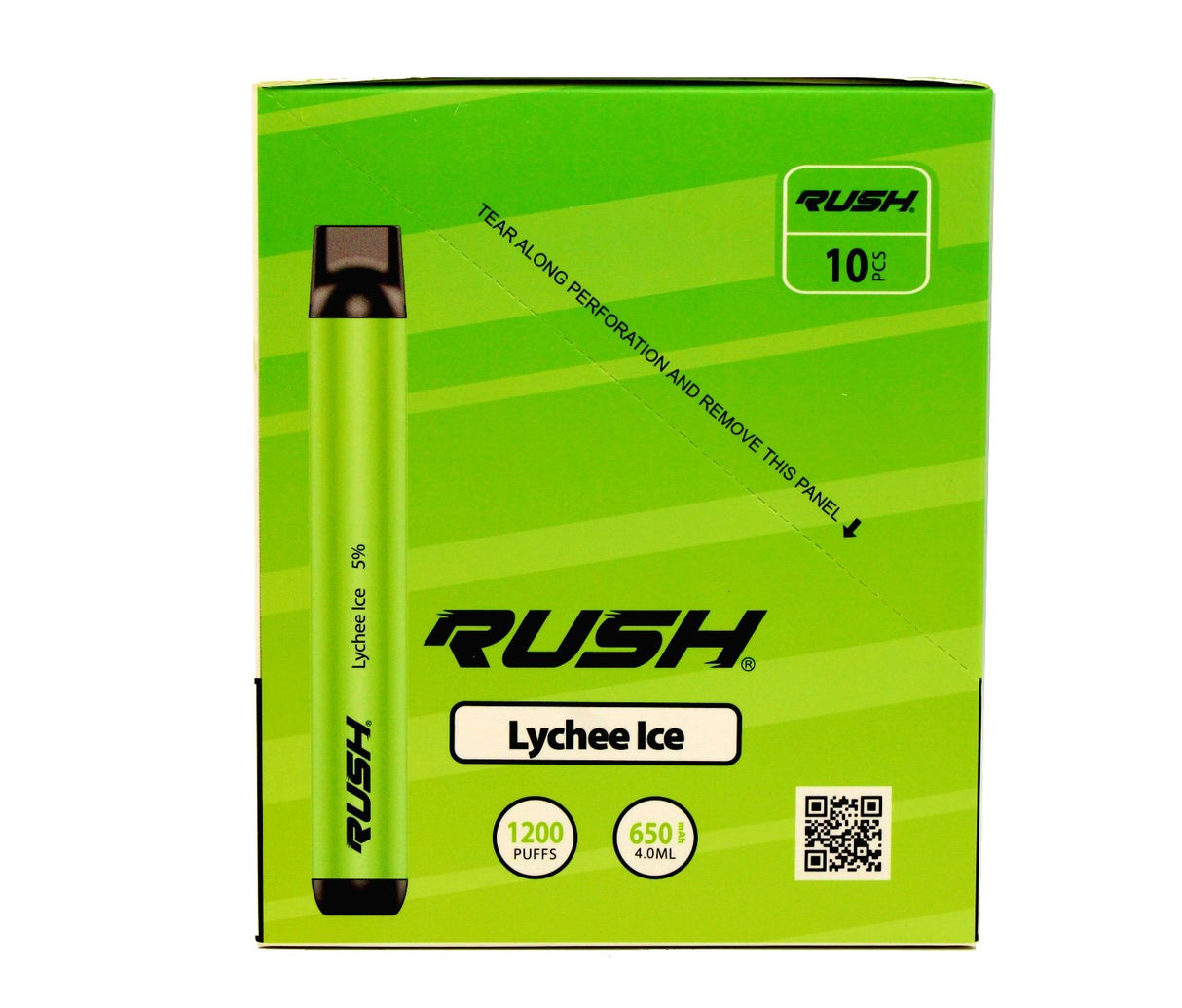 front view of the Rush tobacco free nicotine lychee ice disposable vaporizers. Ergonomic disposable vaporizers that are long lasting.