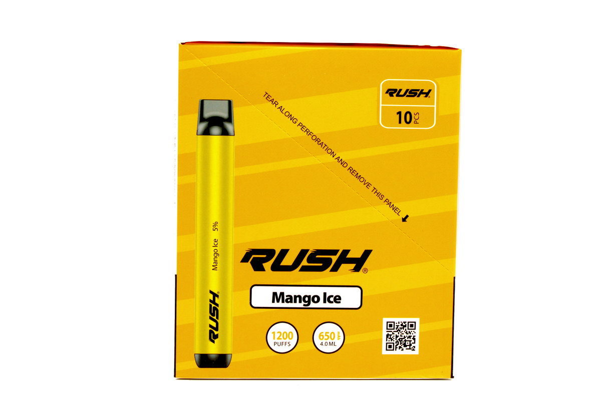 front view of the Rush tobacco free nicotine mango ice disposable vaporizers. Ergonomic disposable vaporizers that are long lasting.