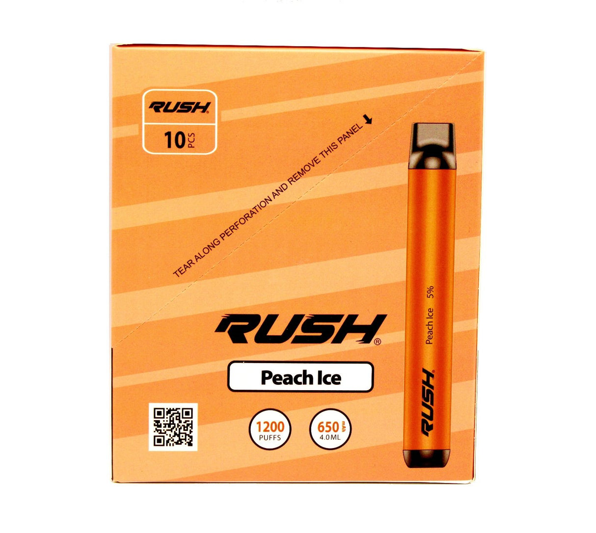 front view of the Rush tobacco free nicotine peach ice disposable vaporizers. Ergonomic disposable vaporizers that are long lasting.