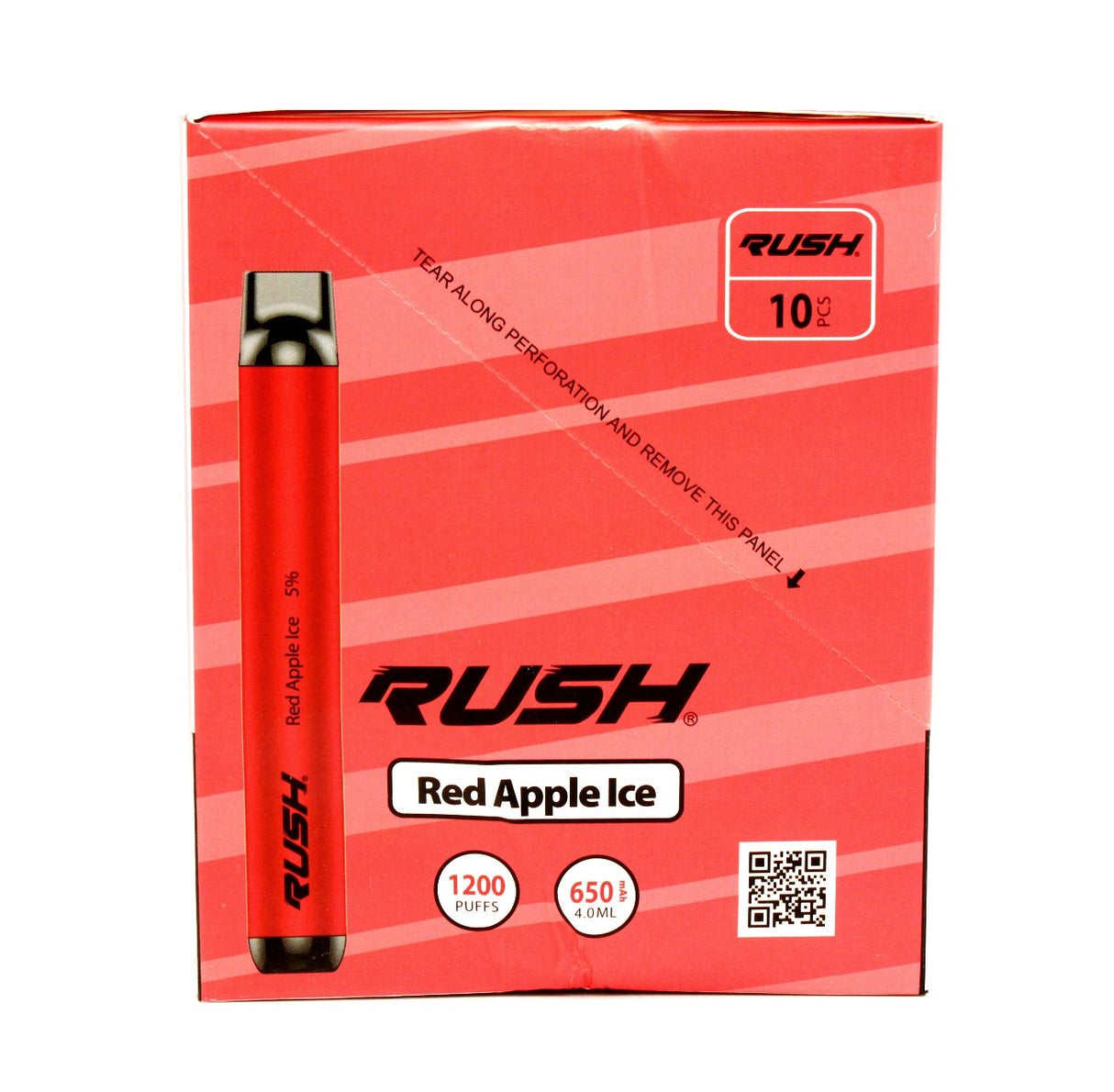 front view of the Rush tobacco free nicotine red apple ice disposable vaporizers. Ergonomic disposable vaporizers that are long lasting.