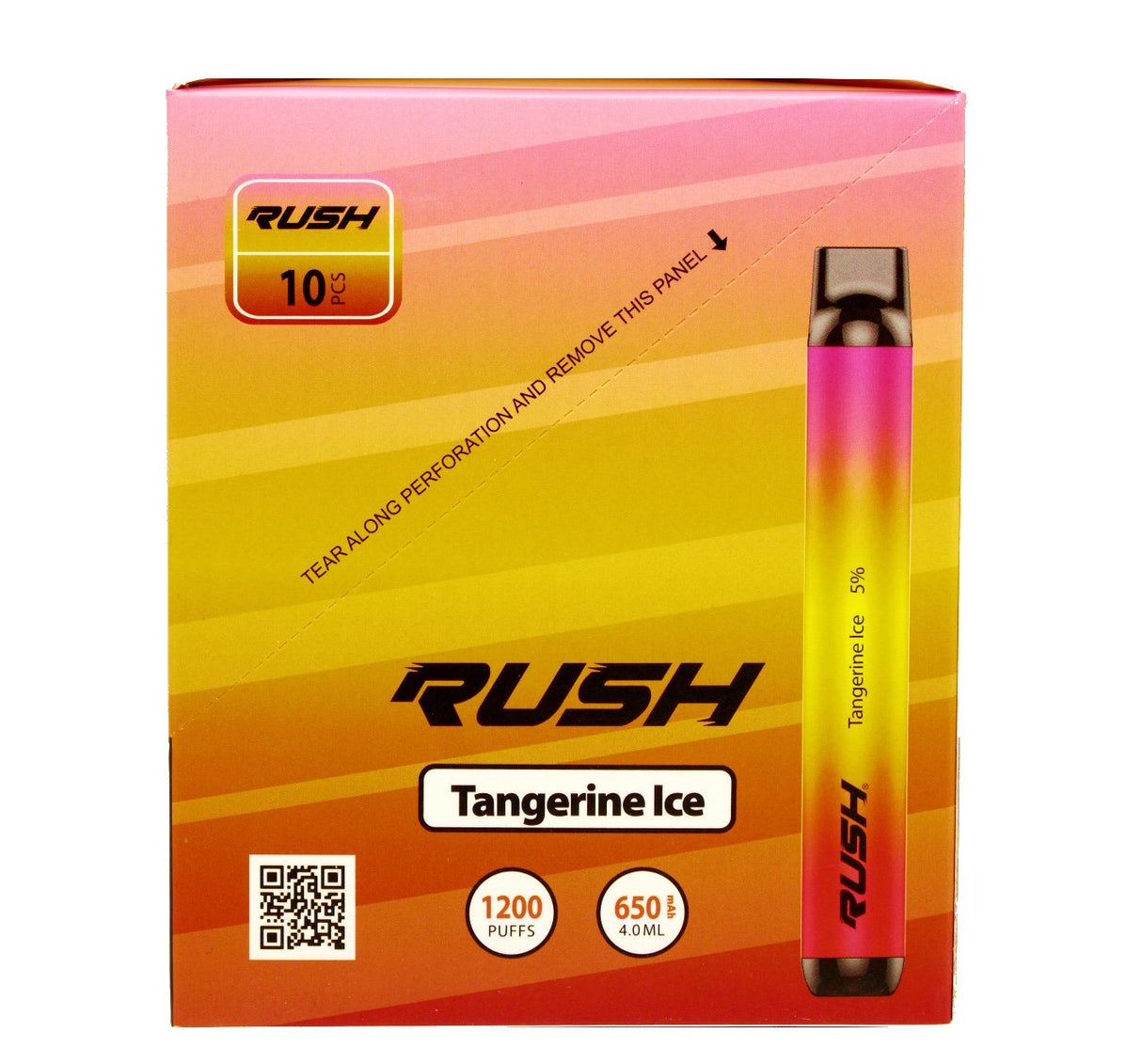 front view of the Rush tobacco free nicotine tangerine ice disposable vaporizers. Ergonomic disposable vaporizers that are long lasting.