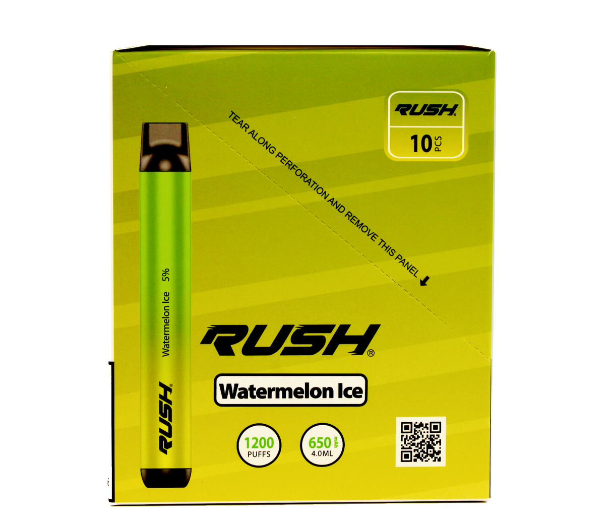 front view of the Rush tobacco free nicotine watermelon ice disposable vaporizers. Ergonomic disposable vaporizers that are long lasting.