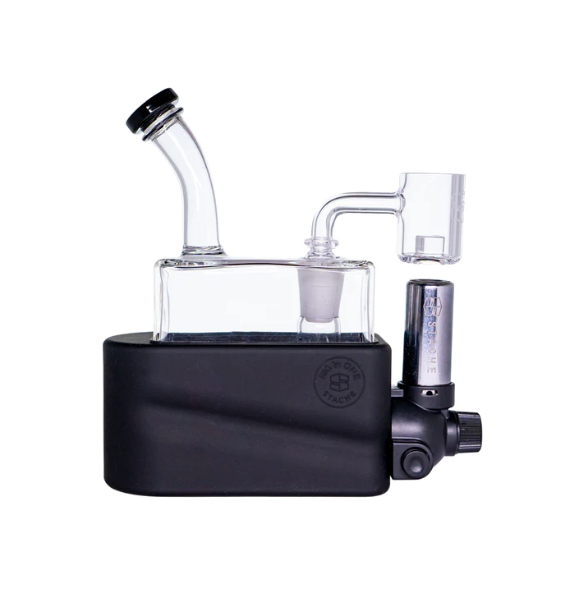 side profile view of the portable Stache Products RiO in black. made for dabbing connoisseurs who want the portability and performance of a desktop glass rig.