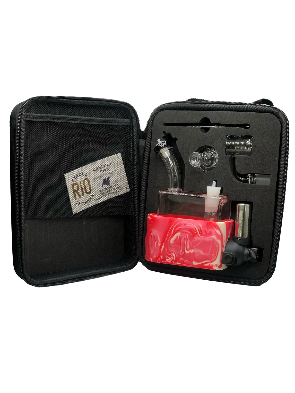 side profile view of the portable Stache Products RiO and carrying case in marble red white. made for dabbing connoisseurs who want the portability and performance of a desktop glass rig.