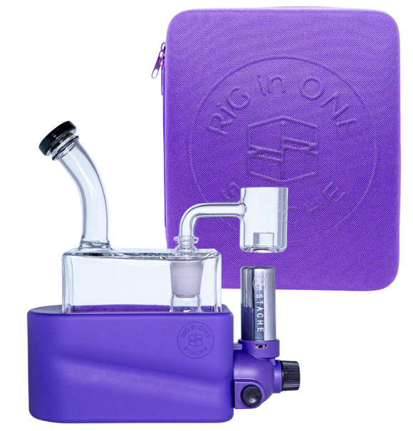 side profile view of the portable Stache Products RiO and carrying case in purple. made for dabbing connoisseurs who want the portability and performance of a desktop glass rig.