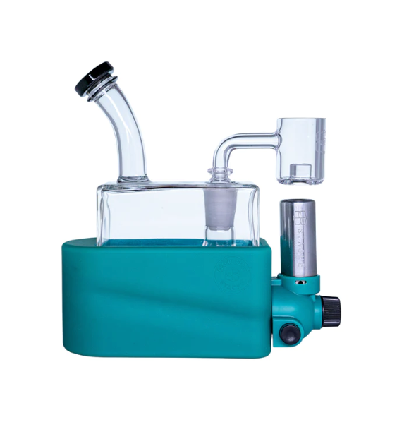 side profile view of the portable Stache Products RiO in teal. Made for people who need consistency in dabbing and portability.