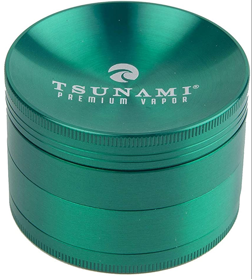 view of the tsunami 63mm grinder in a regal emerald green. For those who want a product with class and precision for their smoking experience.